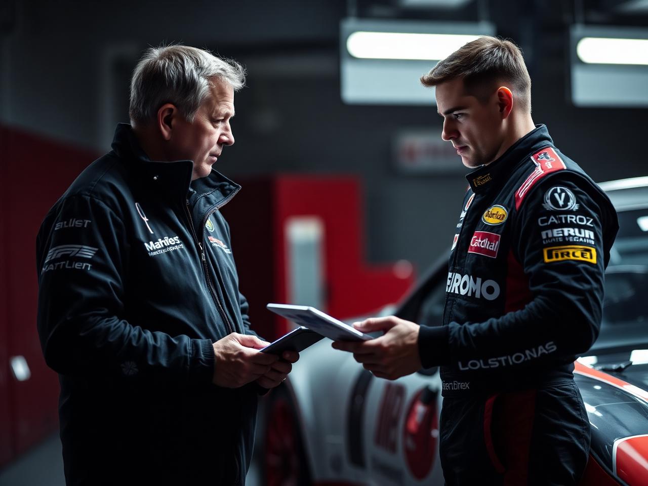 A coach and a driver reviewing data in a garage
